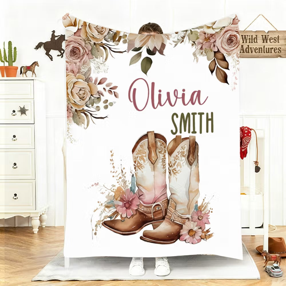 Personalized Floral Cowgirl Boots Western Soft Throw Blanket with Name Home Decor Western Nursery Birthday Gift for Cowgirls Friends