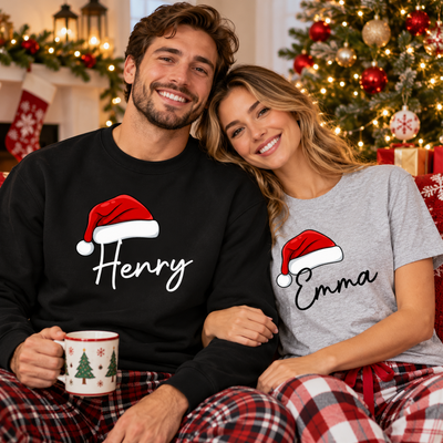 Custom Santa Hat Christmas Apparel, Personalized Name Holiday Tee, Sweatshirt & Hoodie, Xmas Shirt for Family