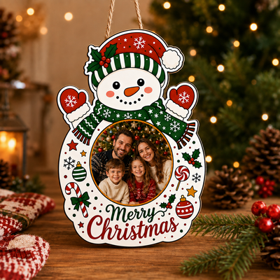 Personalized Family Photo Christmas Lenticular Raster Wood Sign Hanger, Custom Picture Santa Snowman Gingerbread Reindeer Wooden Sign, Holiday Home Gift for Family