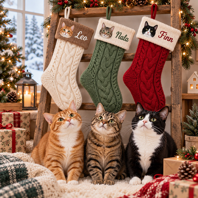 Knitted Cat Christmas Stocking with Custom Name & Pet Photo, Personalized Pet Stocking, Christmas Gift for Pet Lover