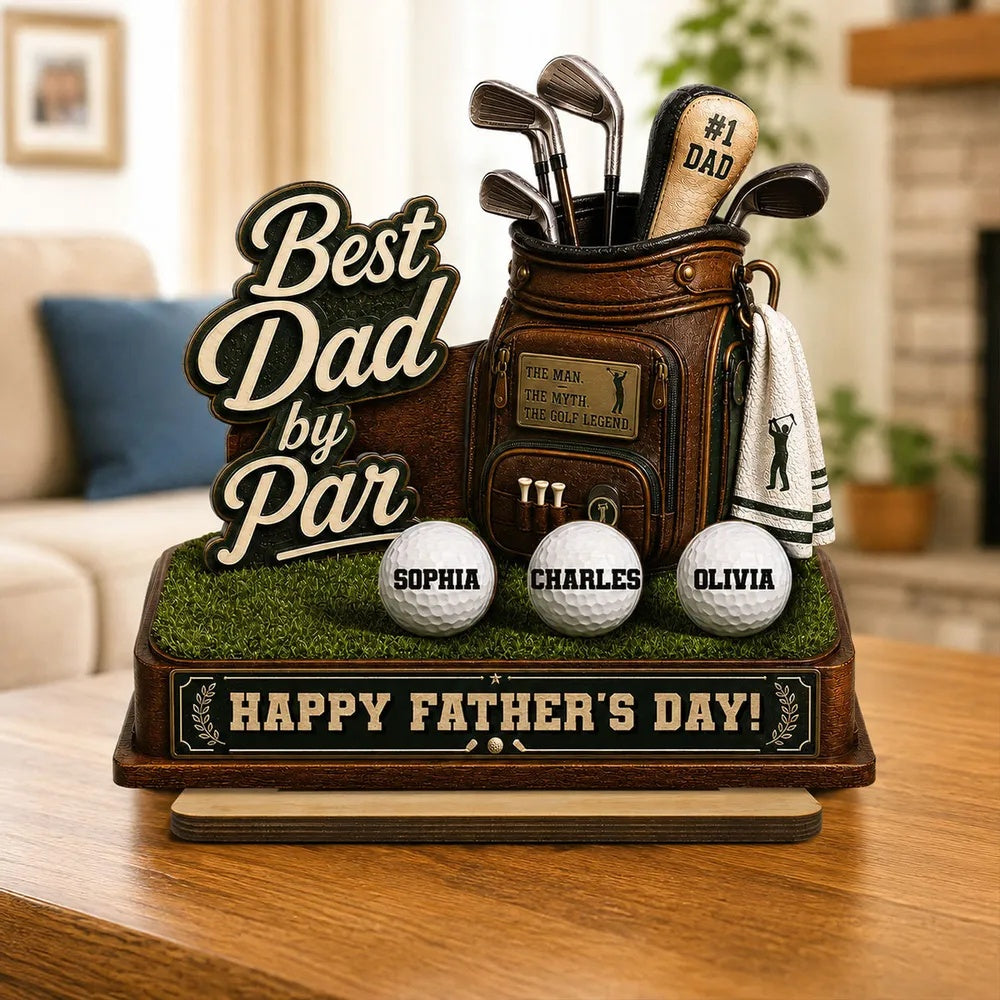 Best Dad By Par Custom Kid Name - Personalized 2-Layered Wooden Plaque - Father's Day Gift For Golf Dad