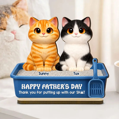Cute Fluffy Cats Happy Father's Day Thanks For Feeding And Scooping Poo - Personalized 2-Layered Wooden Plaque - Funny Father's Day Gift For Cat Dad, Cat Lovers