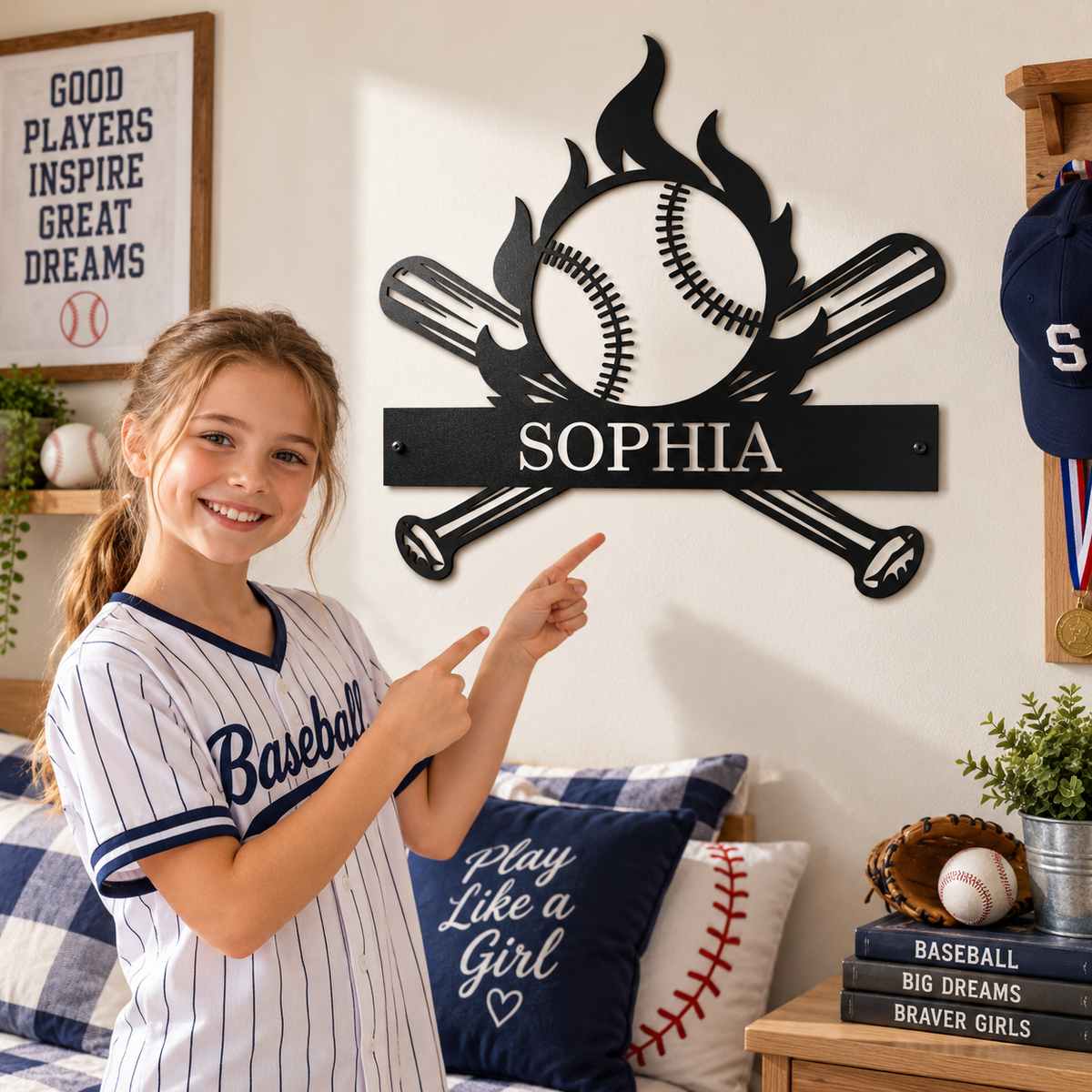 Personalized Baseball Metal Wall Sign – Custom Name & Flame Design, Sports Room Decor Gift for Baseball Fans