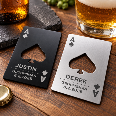 Personalized Ace of Spades Bottle Opener, Custom Engraved Card Style Opener, Groomsmen Proposal Gift