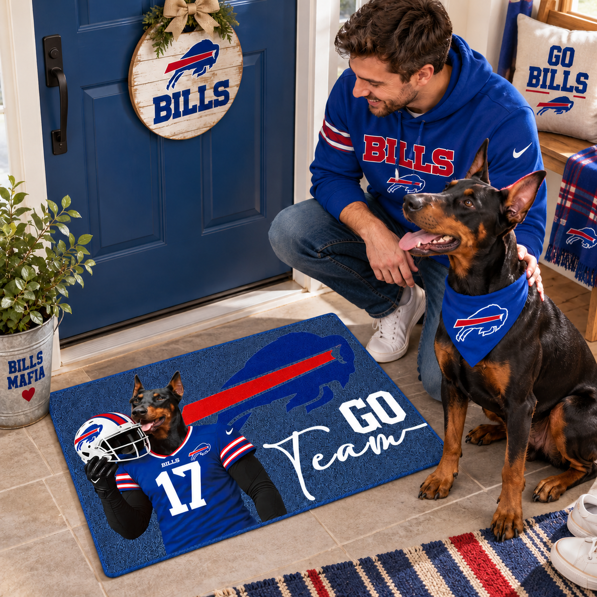 Custom Pet Head Football Doormat, Upload Your Pet Photo, Personalized Football Team Welcome Mat, Pet Lover & Football Fan Gift