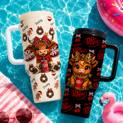Personalized Dr Pepper Highland Cow 40oz Tumbler With Handle Straw Lid Custom Name Leopard Red Bow Christmas Gingerbread Stainless Steel Insulated Mug Gift For Friends