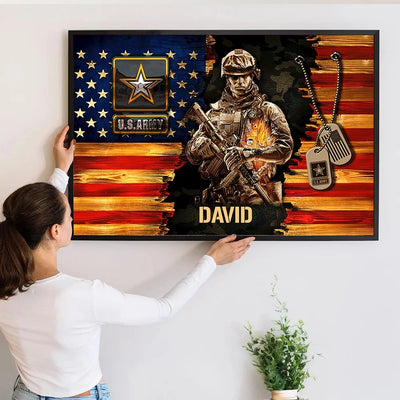 Soldier American Rustic Flag Custom Military Branch - Personalized Poster- Gift for Veteran Dad, Grandpa, Retired Soldier, Patriotic Men