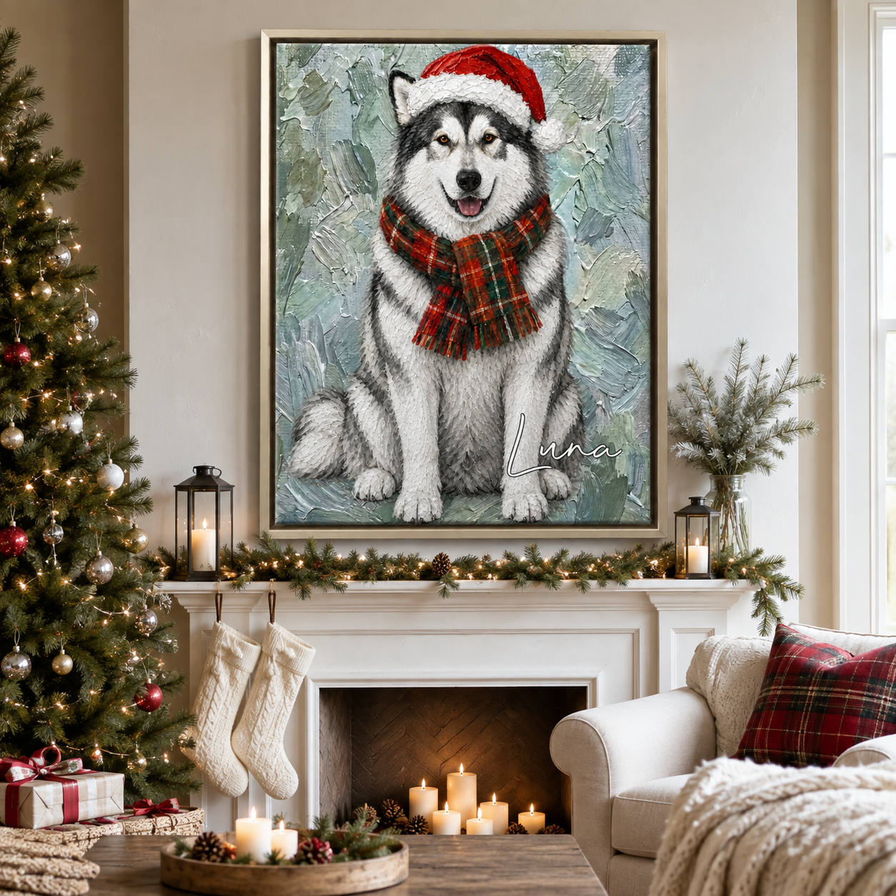 Personalized Christmas Pet Portrait Canvas – Custom Oil Painting Style Dog & Cat Photo with Name for Holiday Home Decor, Gift for Pet Owners & Pet Lovers