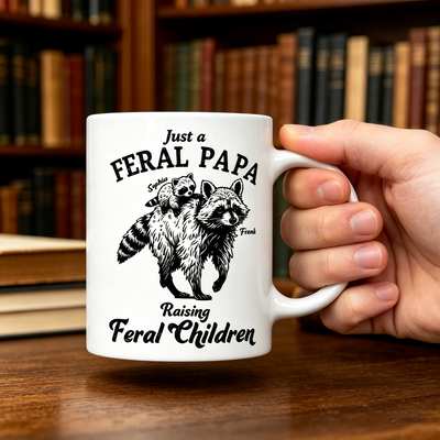 Personalized Raccoon "Just a Feral Papa" Mug, Custom Kids Names, Father’s Day Gift