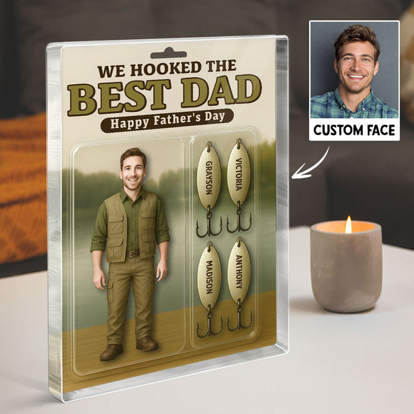 3D Effect Hooked On The Best Dad Fishing Custom Figure Personalized Rectangle Flat Acrylic Block Plaque