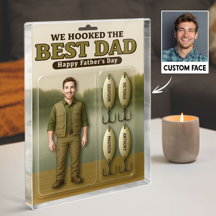 3D Effect Hooked On The Best Dad Fishing Custom Figure Personalized Rectangle Flat Acrylic Block Plaque