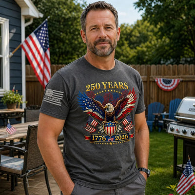 250 Years Eagle American Flag Fireworks Custom Name - Personalized Sleeve Printed Shirt - United States 250th Anniversary USA Patriotic