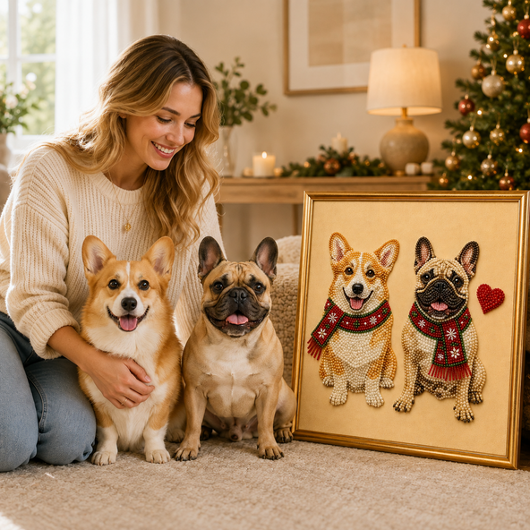 Personalized 3D Pearl Art DIY Kit – Custom Pet Portrait with Festive Scarf & Name for Christmas Wall Decor & Gifts for Pet Lovers