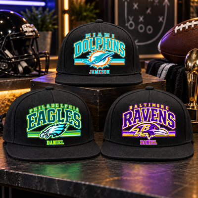 Personalized Neon Football Snapback Hat, Custom Name Team Themed Flat Bill Cap, Game Day Adjustable Hat Gift For Football Fans