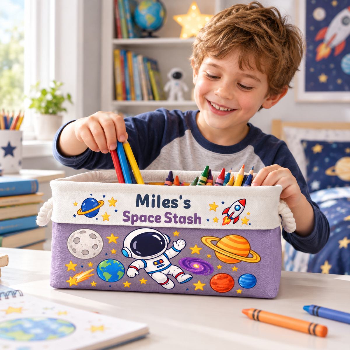 Custom Name Astronaut Galaxy Personalized Storage Basket, Outer Space Kids Toy & Book Organizer, Birthday Gift for Little Space Lover