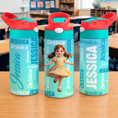 Personalized Cartoon Character BPA-Free Transparent Insulated Water Bottle with Straw Handle and Name Back to School Birthday Gift for Kids