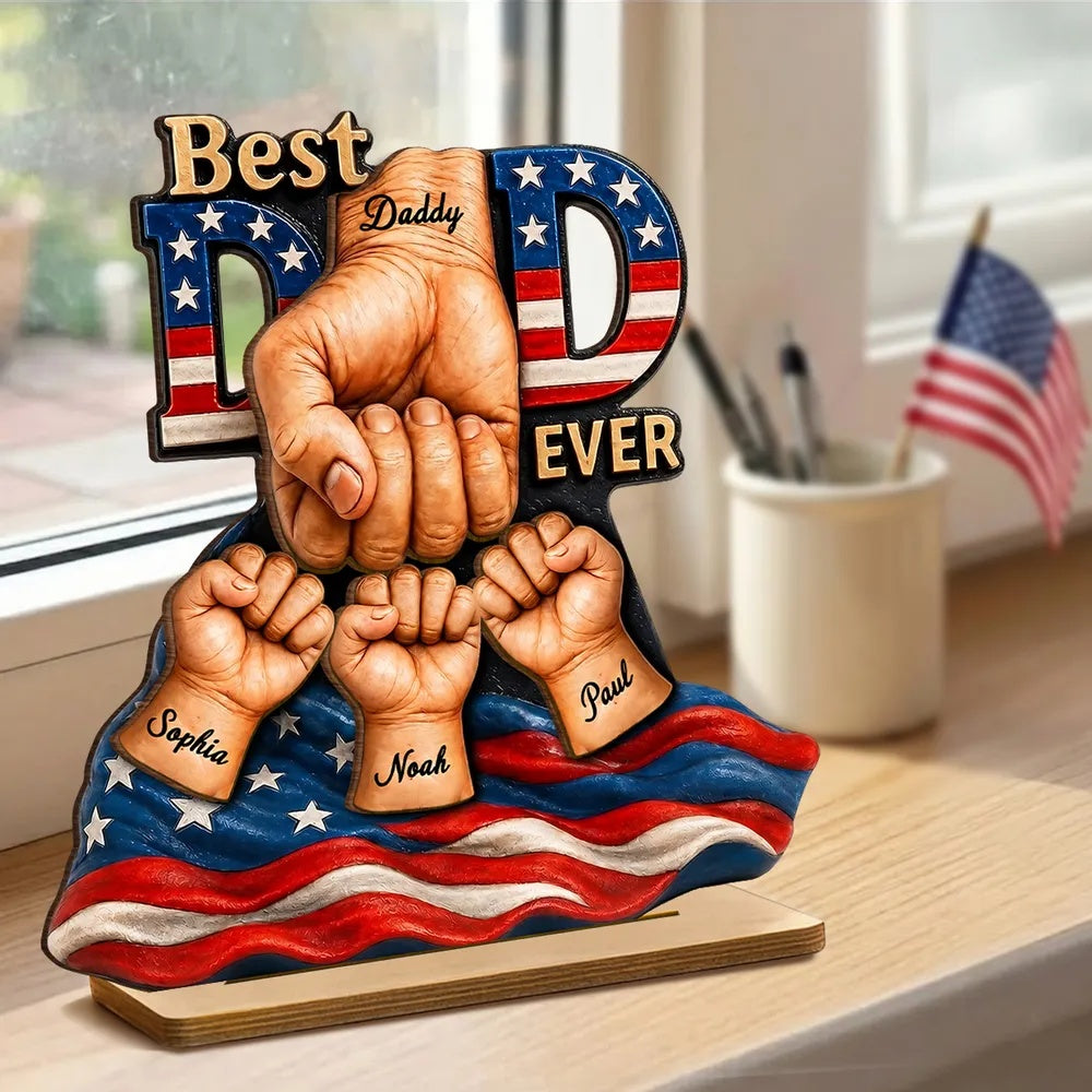 American Dad And Kids Fist Bump - Personalized 2-Layered Wooden Plaque - Father's Day Gift For Dad, Husband