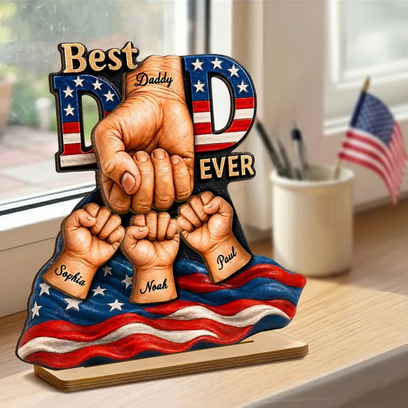 American Dad And Kids Fist Bump - Personalized 2-Layered Wooden Plaque - Father's Day Gift For Dad, Husband
