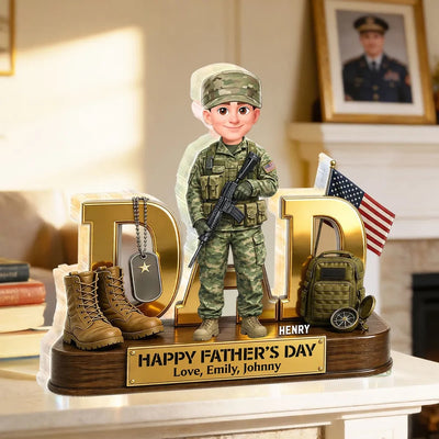 Proud American Military Hero Dad Personalized Acrylic Block Plaque – Custom 2D Flat Armed Forces Father’s Day Gift for Dad or Husband