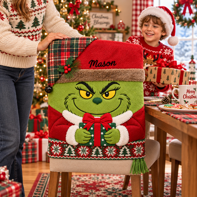 Personalized Christmas Chair Back Cover, Custom Name Santa Hat Slipcover, Gingerbread Gnome Chair Decor, Holiday Gift for Family