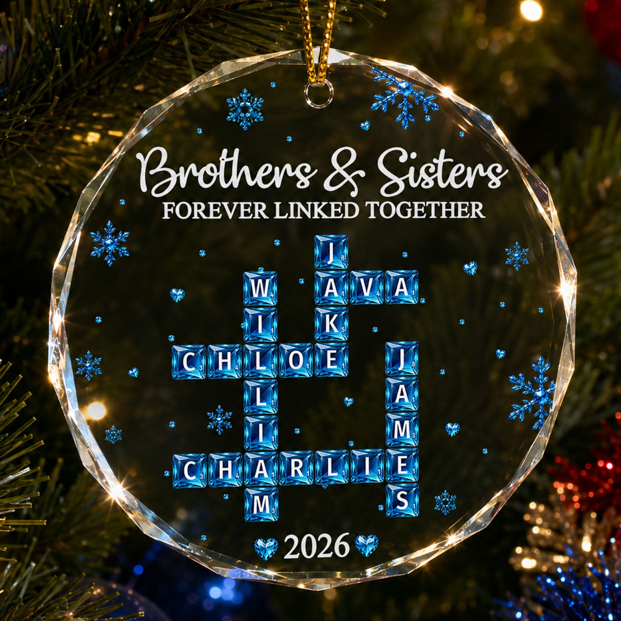 Brothers & Sisters Forever Linked Together - Custom Scrabble Crosswords Family Names - Personalized Ornament