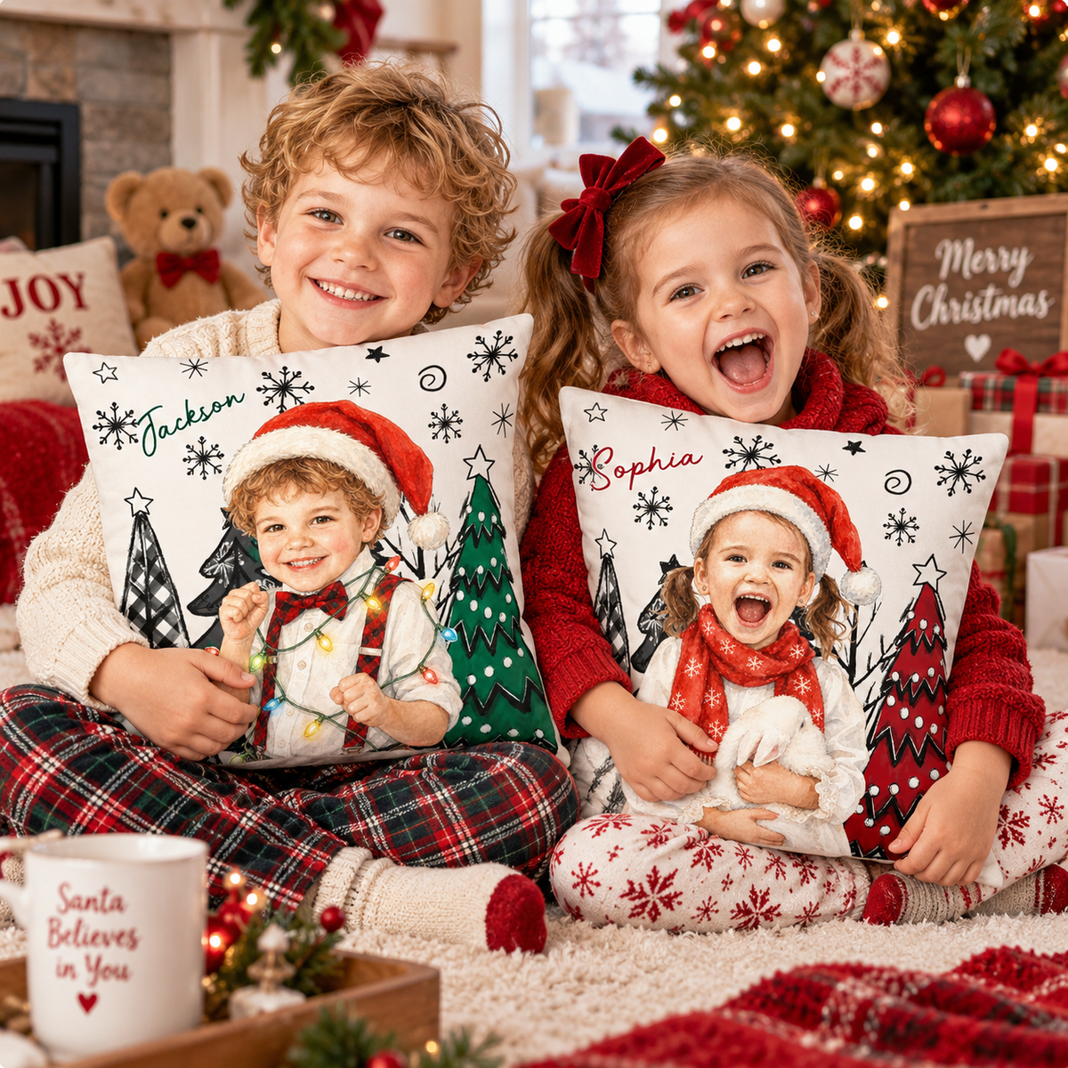 Custom Watercolor Photo Pillow | Christmas Gift for Kids Personalized Pillow