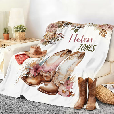 Personalized Floral Cowgirl Boots Western Soft Throw Blanket with Name Home Decor Western Nursery Birthday Gift for Cowgirls Friends