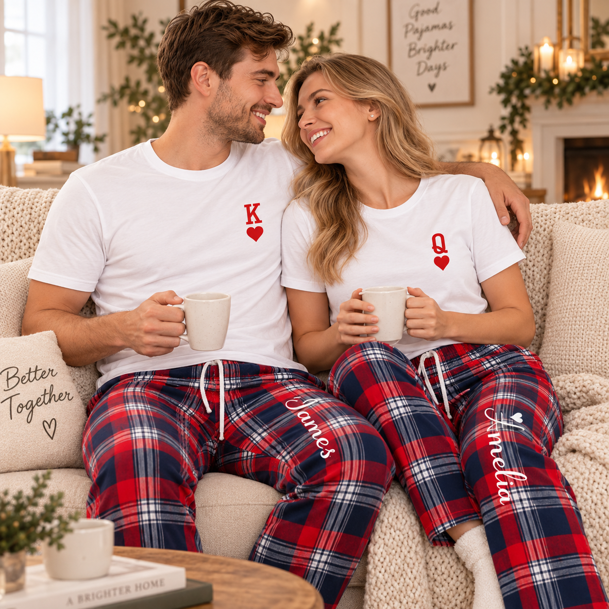 Personalized King & Queen Matching Pajamas - Plaid Couple Lounge Set - Christmas Anniversary Gift for Newlyweds