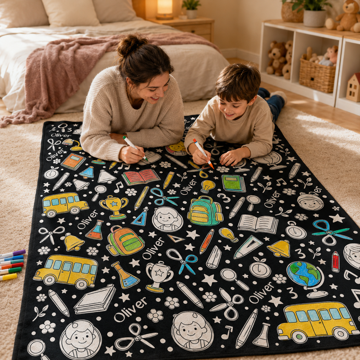 Personalized Kids DIY Colorable Blanket Custom Name Line Art Doodle Blanket