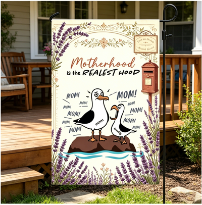 Motherhood Is The Realest Hood Funny Seagull Garden Flag, Lavender Floral Mom Yard Flag