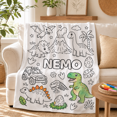 Personalized Dinosaur/Mermaid Ocean/Construction Truck DIY Coloring Blanket | Custom Kid Name Blanket