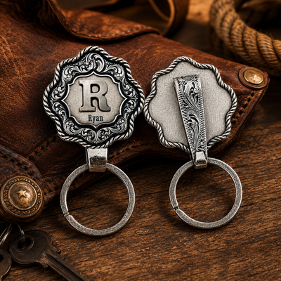 Handmade Western CowTag Belt Key Holder with Copper Initial - Unisex Custom Western-Style Key Fob, Texas Cowboy-Inspired Design, Ideal for Bags, Keys, and Gifting