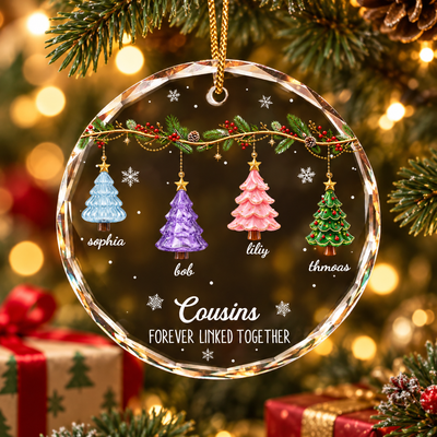 Festive 3D Effect Christmas Trees Brothers & Sisters Forever Linked Together - Personalized Glass Ornament