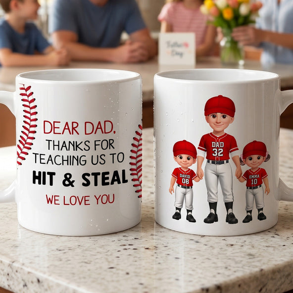Thank You For Teaching Us To Hit & Steal Baseball Dad & Kids Standing - Personalized Mug - Father's Day Gift For Dad, Husband