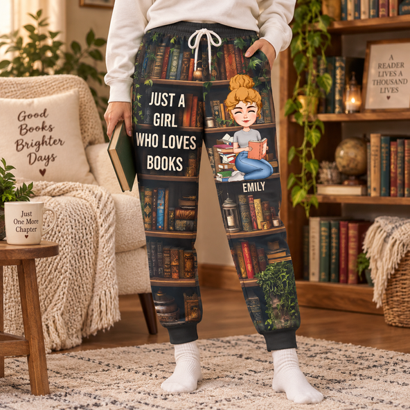 Just A Girl Who Loves Books - Personalized Sweatpants, Lounge Pants With Pockets, Custom Pajama Pants, Jogger Sweatpants, Gift For Her