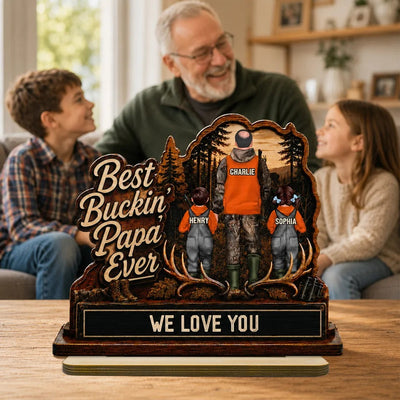 Best Buckin' Dad Papa Ever Hunting Man & Kids 2D Flat - Personalized 2-Layered Wooden Plaque - Father's Day Gift For Hunting Dad, Grandpa