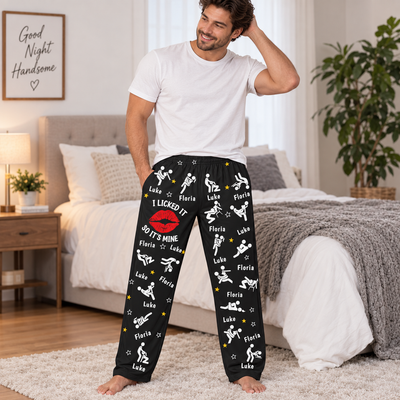 I Licked It So It's Mine - Custom Couple Pajama Pants Personalized with Names – Funny Adult Humor Loose Lounge Pants, Novelty Sleepwear for Couples