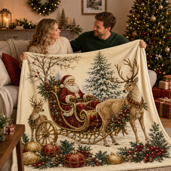 Vintage Christmas Blanket – Printed Throw Blanket with Cozy Santa, Reindeer and Winter Scene Design for Holiday Home Decor & Gifts for Family