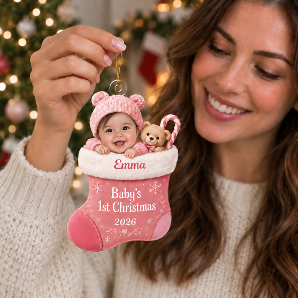 Personalized Baby's First Christmas Photo Acrylic Ornament, Custom Name & Year Stocking Baby Photo Keepsake Gift For Newborn Babys