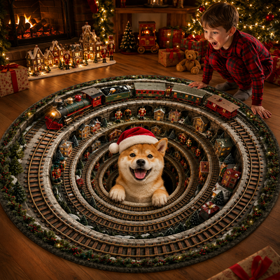 Custom Christmas 3D Vortex Optical Illusion Round Rug, Personalized Pet Santa Hat Non‑Slip Decorative Floor Mat, Festive Visual Trap Design, Xmas Gift for Pet Lovers