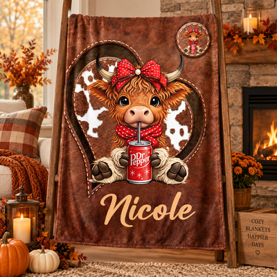 Personalized Highland Cow Throw Blanket, Custom Name Cute Heart Pattern Fleece Blanket Gift for Kids Highland Cow Lovers