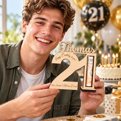 Personalized Birthday Money Holder, Custom Age Number & Name Engraved Wooden Keepsake, Birthday Gift for Teens, Daughters & Sons