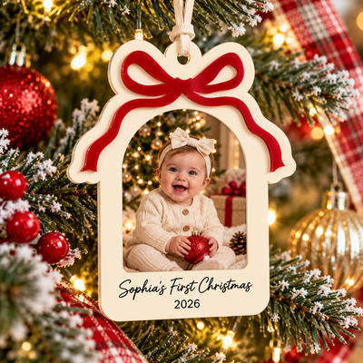 Personalized Acrylic Bow Photo Frame Christmas Ornament, Custom Photo Keepsake, Christmas Tree Decoration, Xmas Gift for Family