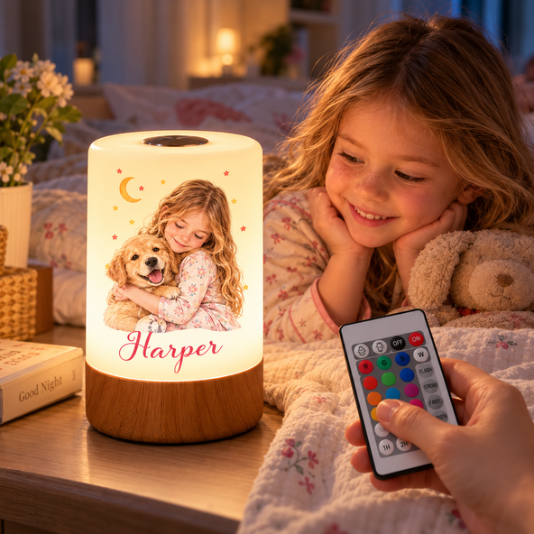 Custom Kids Portrait Night Light, Personalized Watercolor Photo Lamp with Name, Touch Remote Dimmable Nursery Light, Baby Shower Gift
