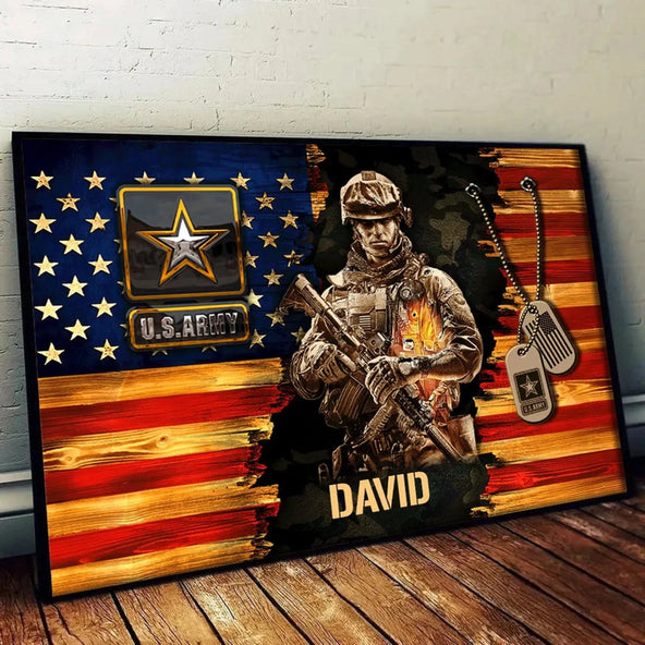 Soldier American Rustic Flag Custom Military Branch - Personalized Poster- Gift for Veteran Dad, Grandpa, Retired Soldier, Patriotic Men
