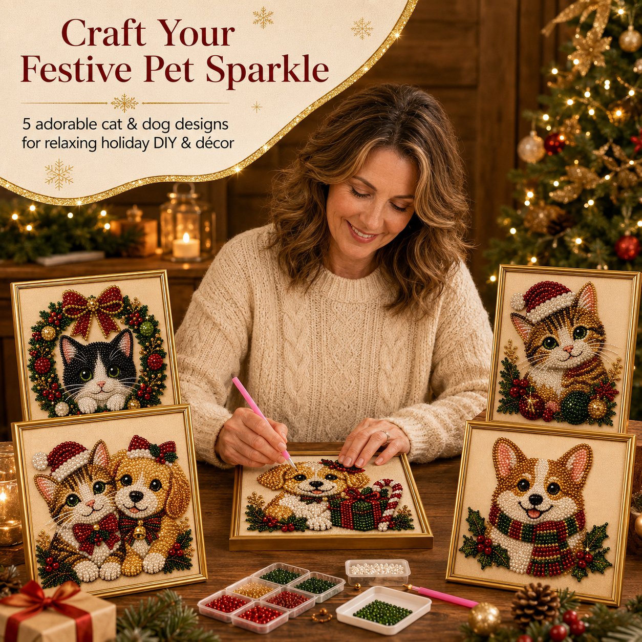 DIY Christmas Festive Pet Pearl Diamond Painting Art Kit With Frame