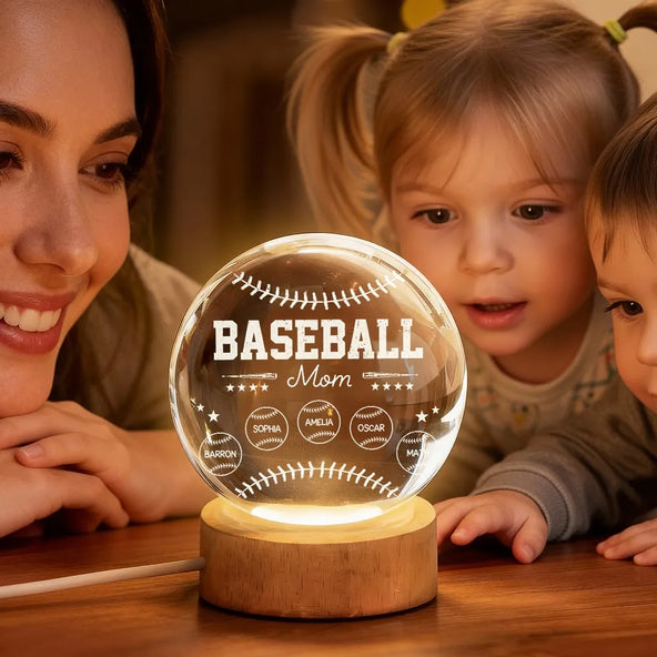 Baseball Mom And Kids Together - Personalized Crystal Ball LED Night Light - Mother's Day Gift For Baseball Mom, Gift For Wife