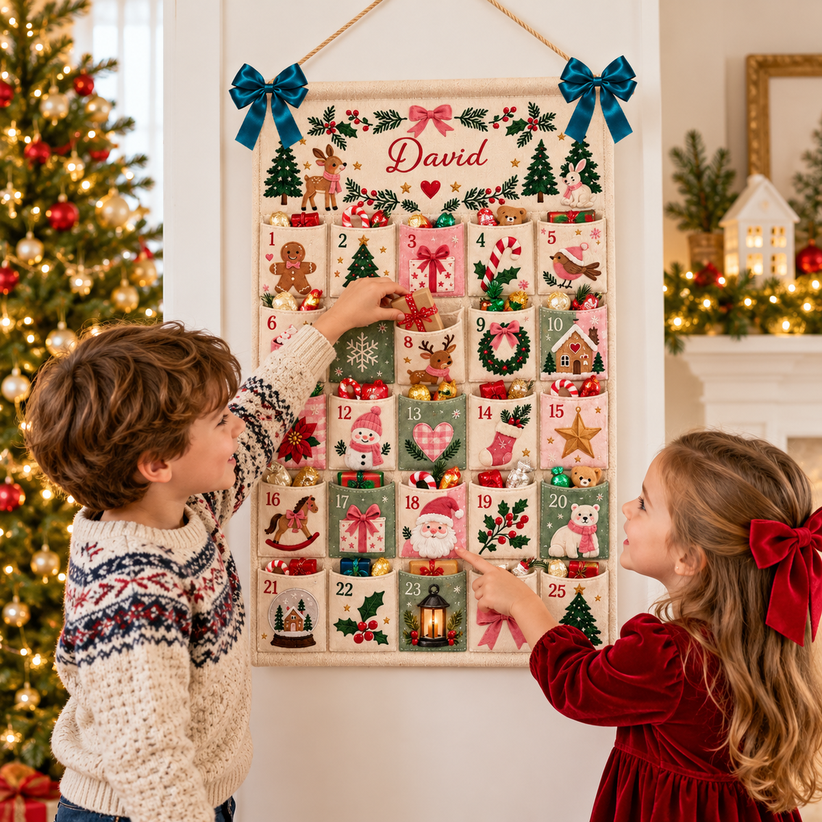 Personalized Christmas Advent Calendar, 25 Pocket Fabric Countdown Calendar, Custom Name Wall Hanging, Kids Holiday Gift