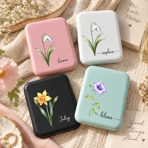 Custom Birth Flower & Name For Her, Gift For Friends, Coworkers, Daughters, Sisters - Personalized Mirror