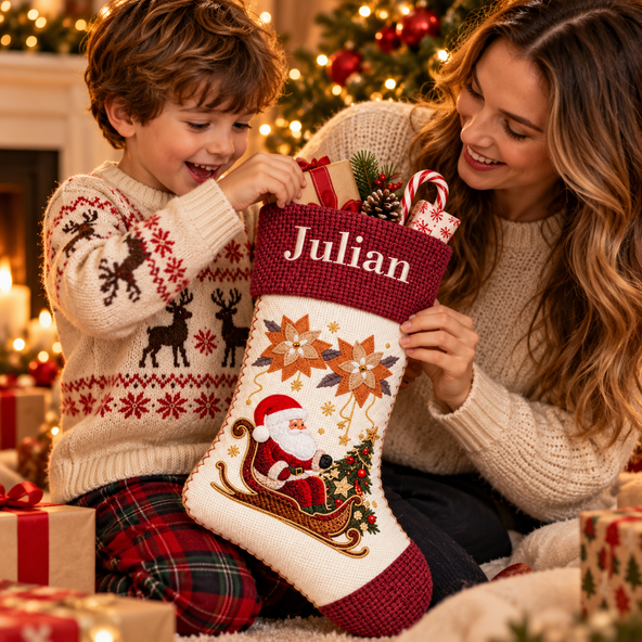 Personalized Christmas Stocking, Vintage Embroidered Stocking with Custom Name, Holiday Decor & Christmas Gift for Family